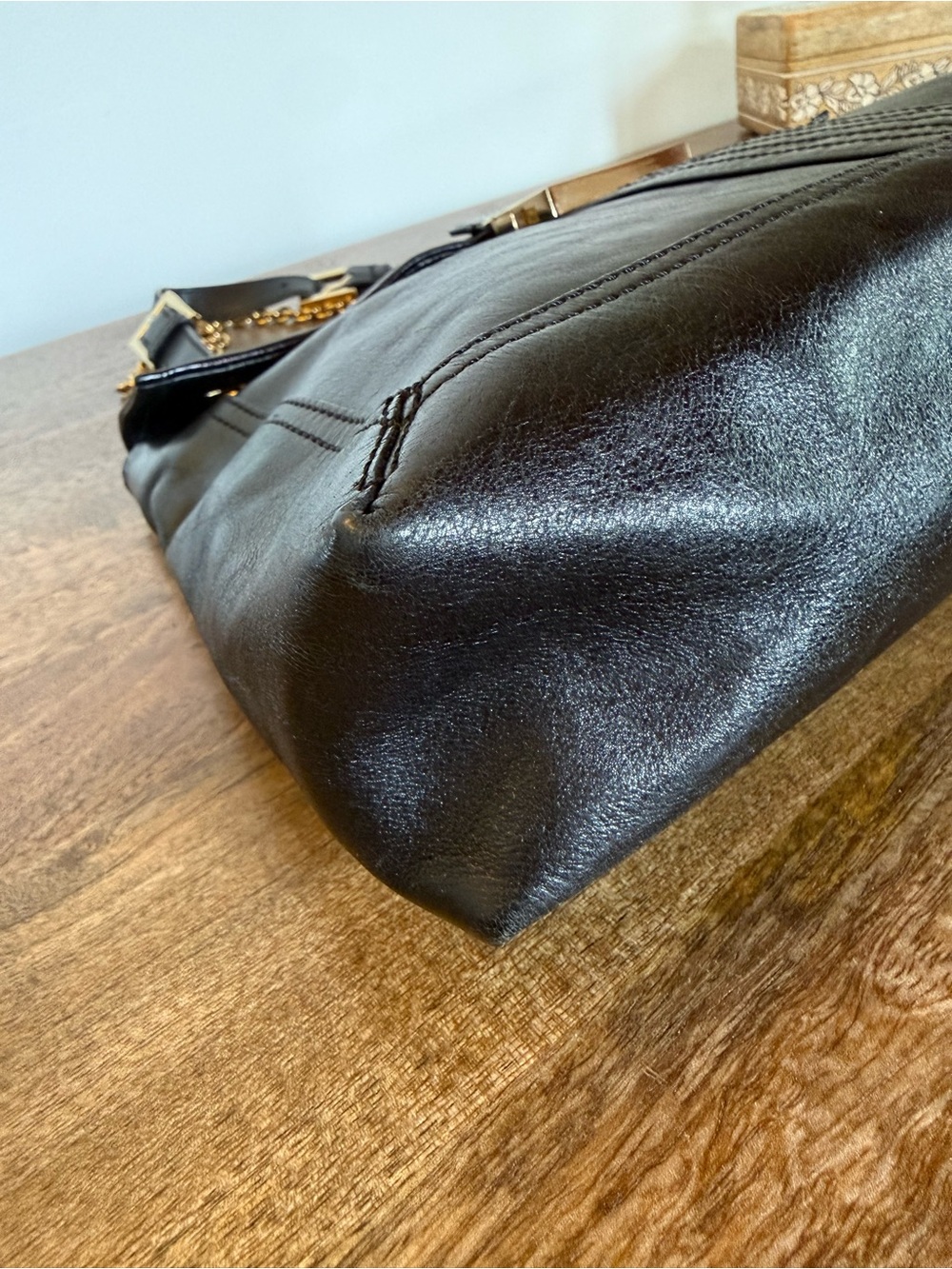 Rare Vintage Fendi Black Leather FF Flap Bag Gold Chain Shoulder Strap - Picture 9 of 17